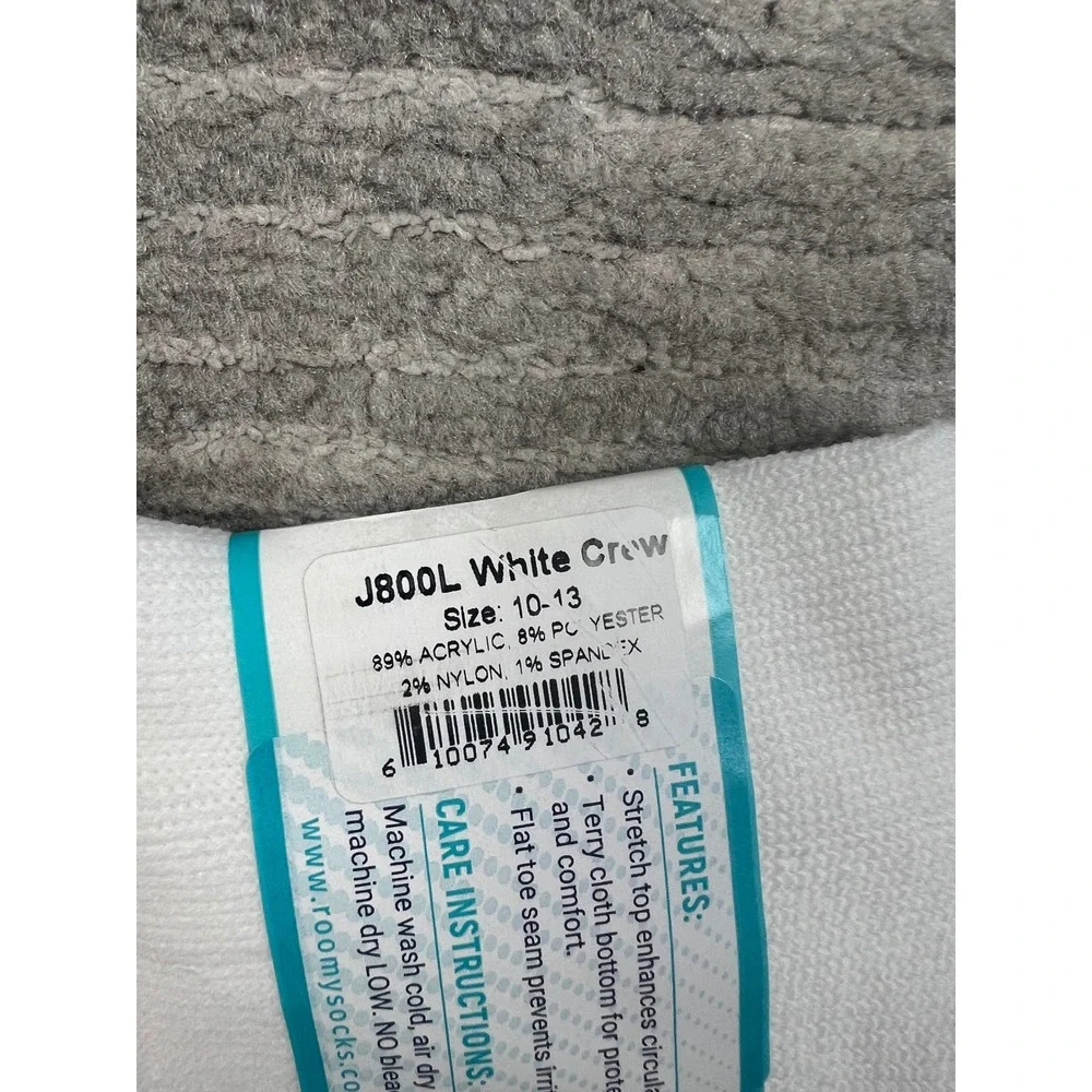 Roomy Socks Diabetic Crew Socks Unisex 10-13 White J800L Stretch Top Non-Binding